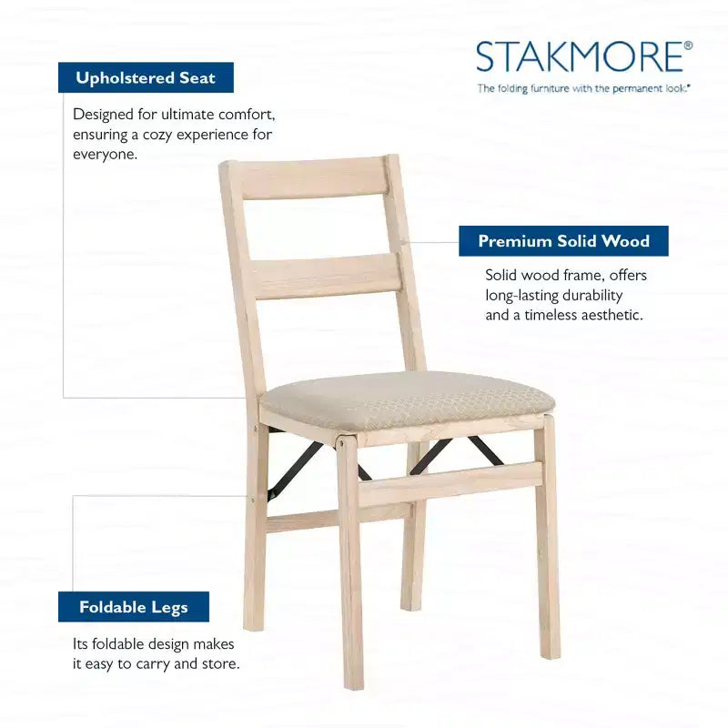 Stakmore Classic Premium - Ensemble de 2 chaises pliantes en bois massif, avec siège rembourré en tissu, inachevées