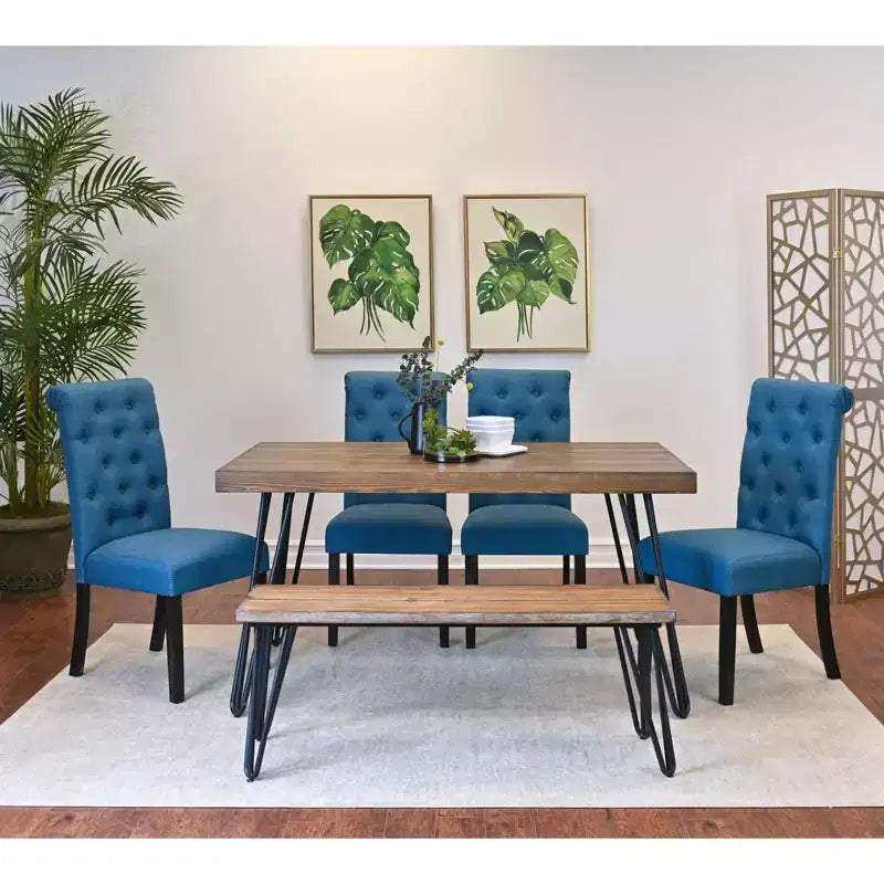 Ensemble de salle à manger 6 pièces Ashford, table à manger avec pieds épingle à cheveux, 4 chaises et banc, 4 options de couleur