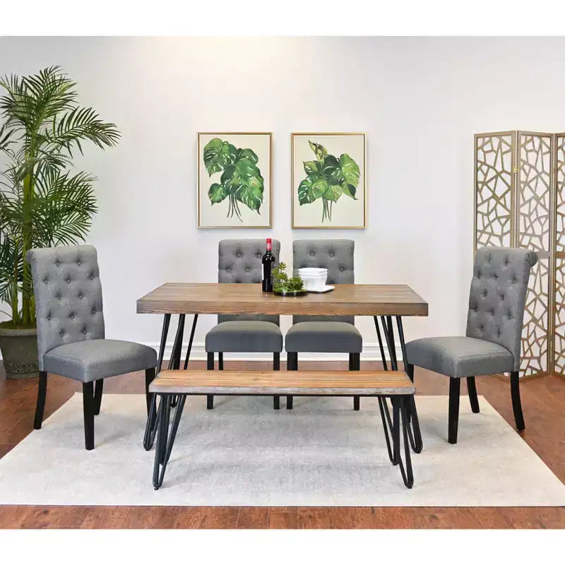 Ensemble de salle à manger 6 pièces Ashford, table à manger avec pieds épingle à cheveux, 4 chaises et banc, 4 options de couleur