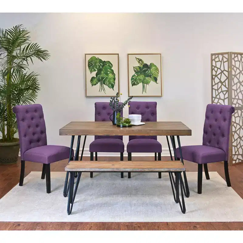 Ensemble de salle à manger 6 pièces Ashford, table à manger avec pieds épingle à cheveux, 4 chaises et banc, 4 options de couleur