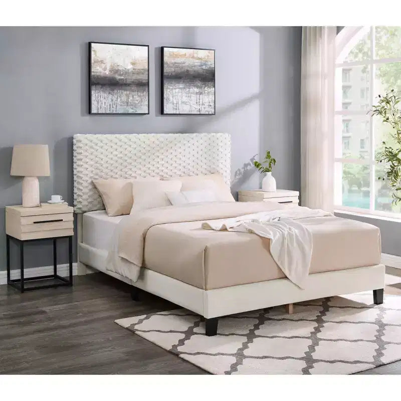 Ensemble de chambre 3 pièces Findlay, lit rembourré 3D en peluche avec 2 tables de chevet