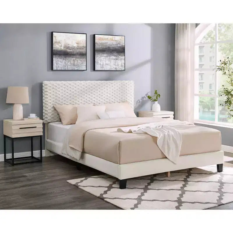 Ensemble de chambre 3 pièces Findlay, lit rembourré 3D en peluche avec 2 tables de chevet