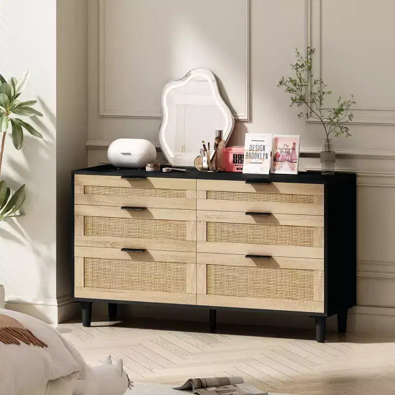 51.18/59.06W Rattan Dresser with 6 Drawers, Storage Cabinet with Metal Handle & Wood Legs - ModernLuxe