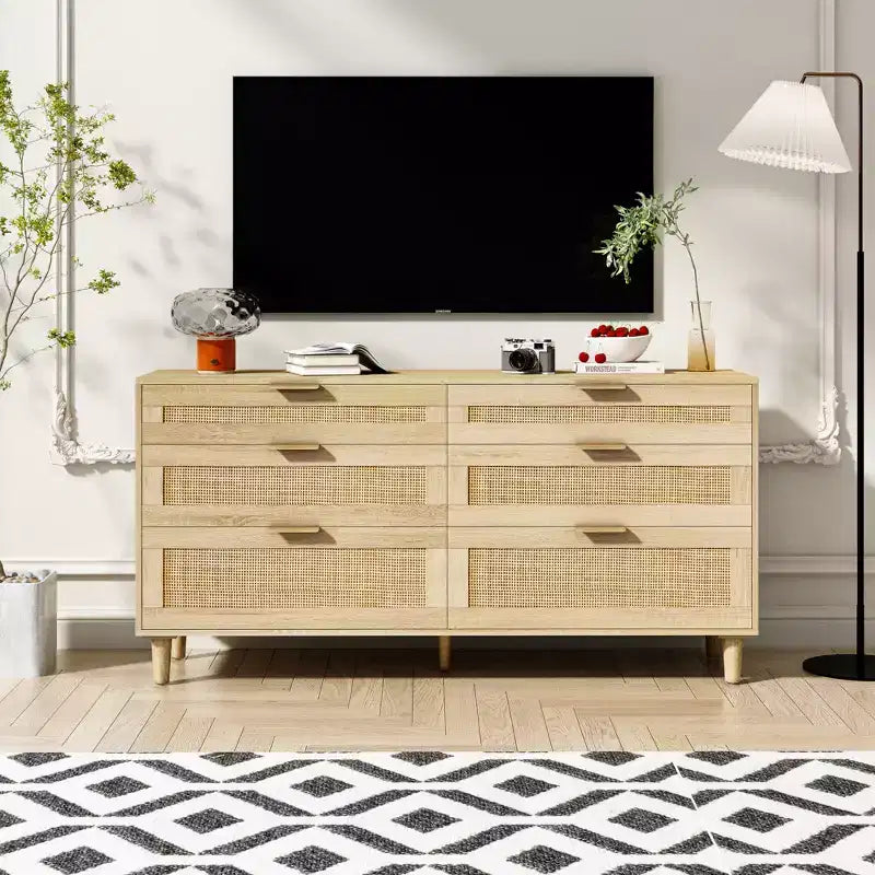 Commode en rotin 51.18/59.06W à 6 tiroirs, meuble de rangement avec poignée en métal et pieds en bois - ModernLuxe