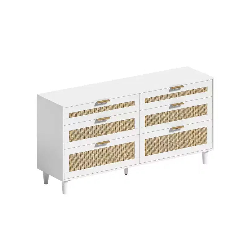 Commode en rotin 51.18/59.06W à 6 tiroirs, meuble de rangement avec poignée en métal et pieds en bois - ModernLuxe
