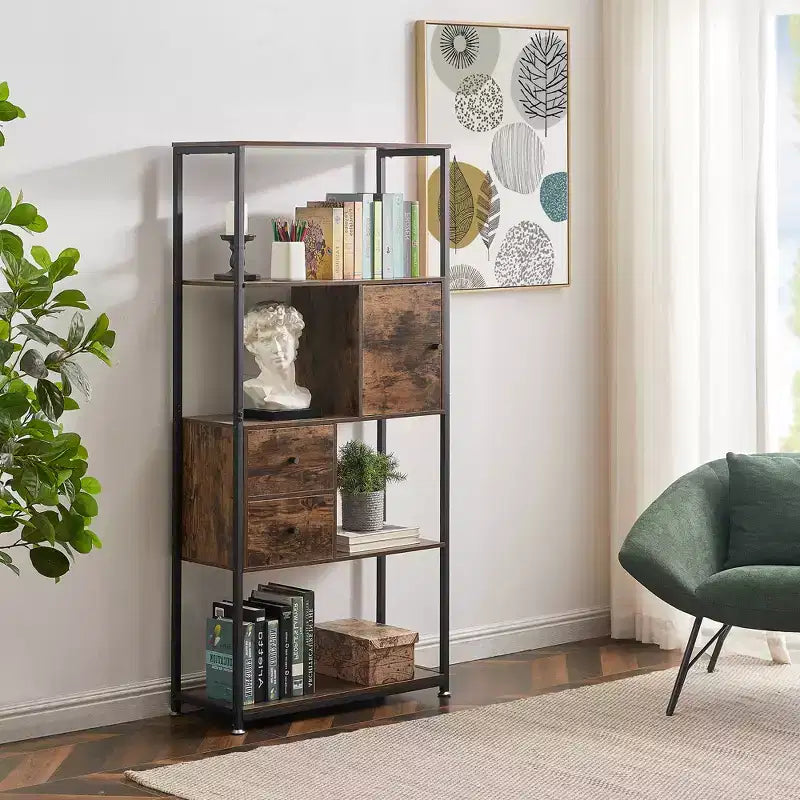 VECELO Étagère Bibliothèque de 157 cm de Haut, Étagère de Rangement Industrielle avec 2 Tiroirs, Bibliothèque à 5 Niveaux, Marron Classique