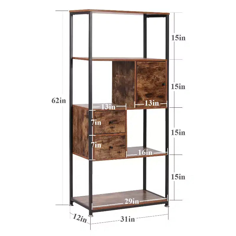 VECELO Étagère Bibliothèque de 157 cm de Haut, Étagère de Rangement Industrielle avec 2 Tiroirs, Bibliothèque à 5 Niveaux, Marron Classique