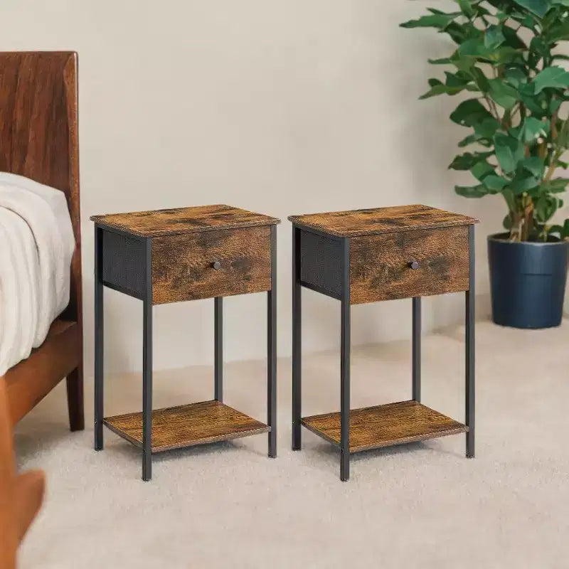 Lot de 2 tables de chevet avec tiroir en tissu et étagère de rangement – Tables d'appoint de 61 cm de haut pour chambre ou salon, marron rustique et noir