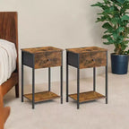 Lot de 2 tables de chevet avec tiroir en tissu et étagère de rangement – Tables d'appoint de 61 cm de haut pour chambre ou salon, marron rustique et noir