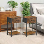 Lot de 2 tables de chevet avec tiroir en tissu et étagère de rangement – Tables d'appoint de 61 cm de haut pour chambre ou salon, marron rustique et noir