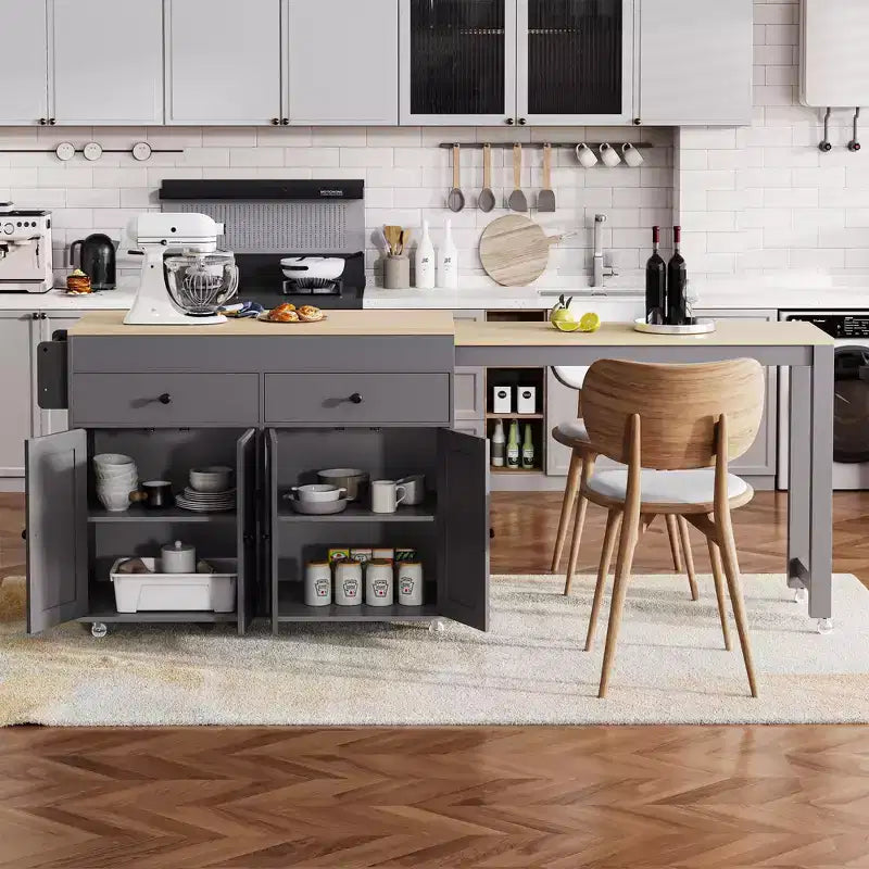 Îlot de cuisine extensible Whisen Modern avec étagère à épices, 2 tiroirs et meuble à 4 portes