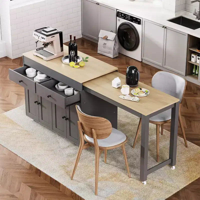 Îlot de cuisine extensible Whisen Modern avec étagère à épices, 2 tiroirs et meuble à 4 portes