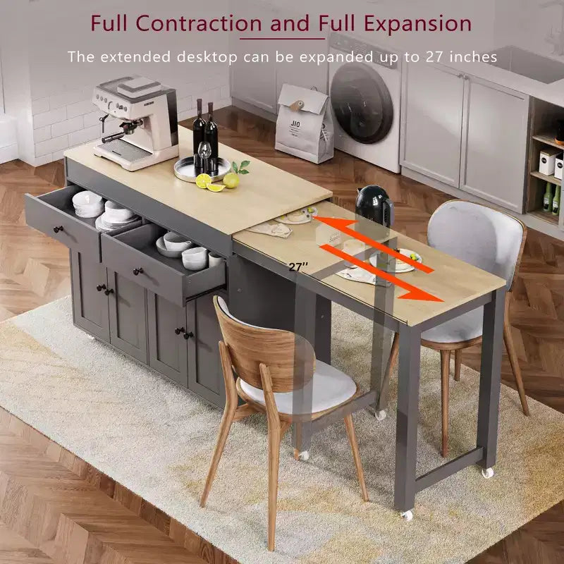 Îlot de cuisine extensible Whisen Modern avec étagère à épices, 2 tiroirs et meuble à 4 portes
