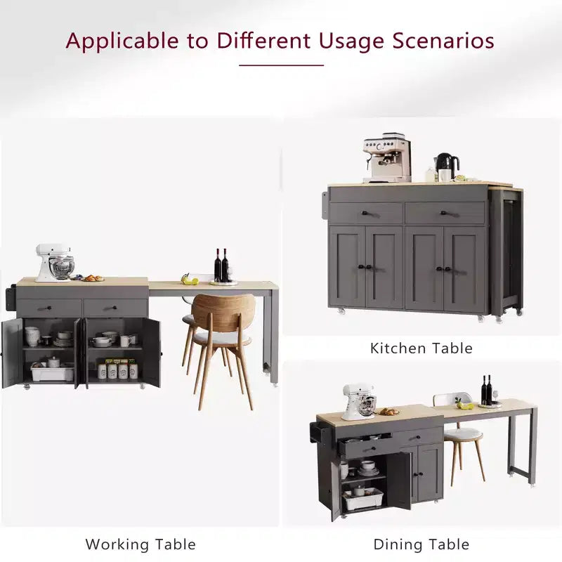 Îlot de cuisine extensible Whisen Modern avec étagère à épices, 2 tiroirs et meuble à 4 portes