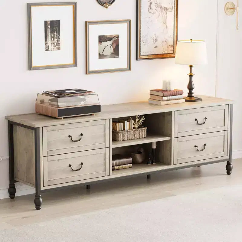70inch TV Stand, Mid Century Modern TV Stand with Drawer, Entertainment Center with Metal Roman Columns&Handle, TV Cabinet for Living Room-Rustic Grey