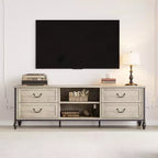 Meuble TV de 177 cm, meuble TV moderne du milieu du siècle avec tiroir, meuble de divertissement avec colonnes et poignées romaines en métal, meuble TV pour salon - Gris rustique