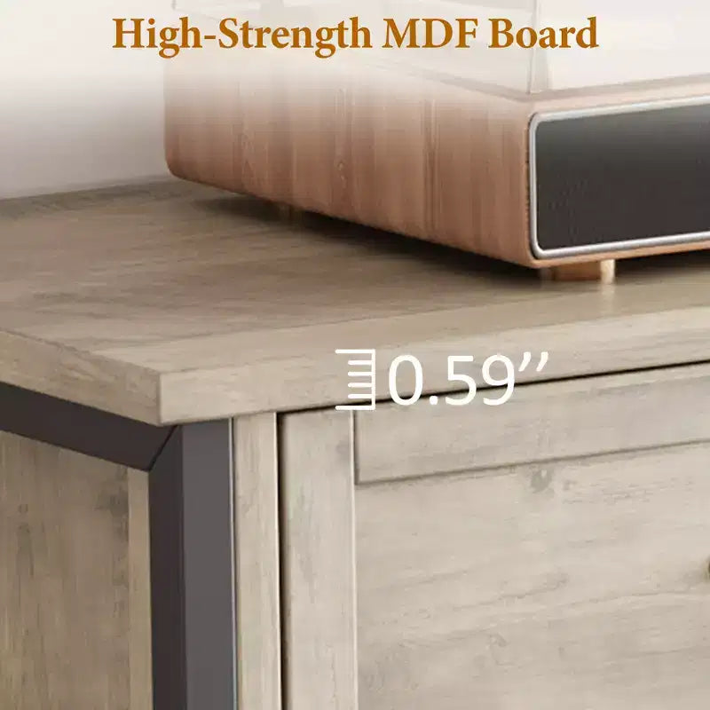 Meuble TV de 177 cm, meuble TV moderne du milieu du siècle avec tiroir, meuble de divertissement avec colonnes et poignées romaines en métal, meuble TV pour salon - Gris rustique