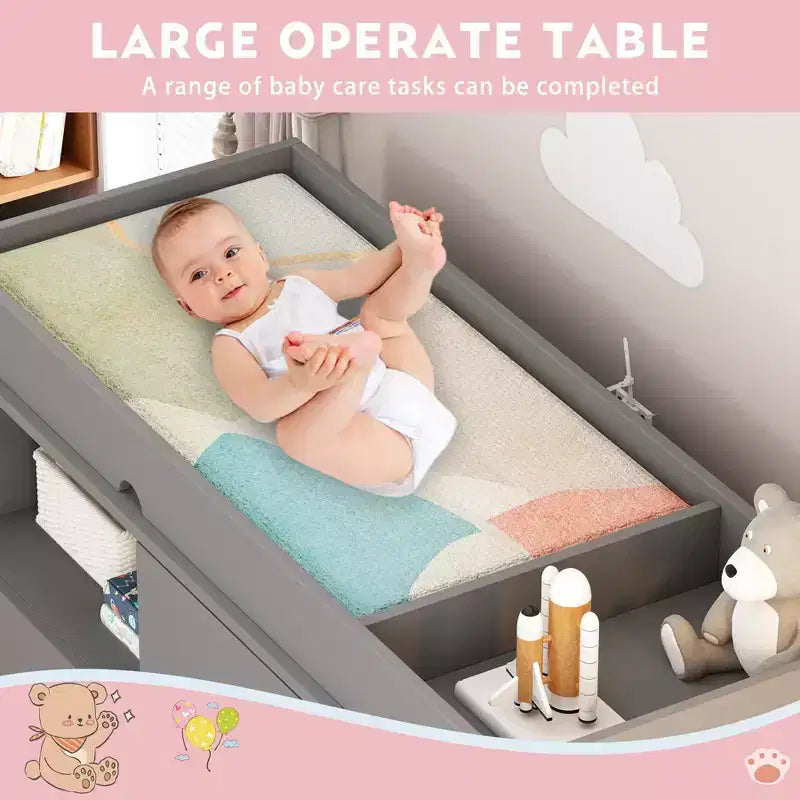 Table à langer Famapy avec poignées en cuir, grand plan de travail, trois tiroirs, grand espace de rangement, armoire de rangement