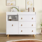 Table à langer Famapy avec poignées en cuir, grand plan de travail, trois tiroirs, grand espace de rangement, armoire de rangement