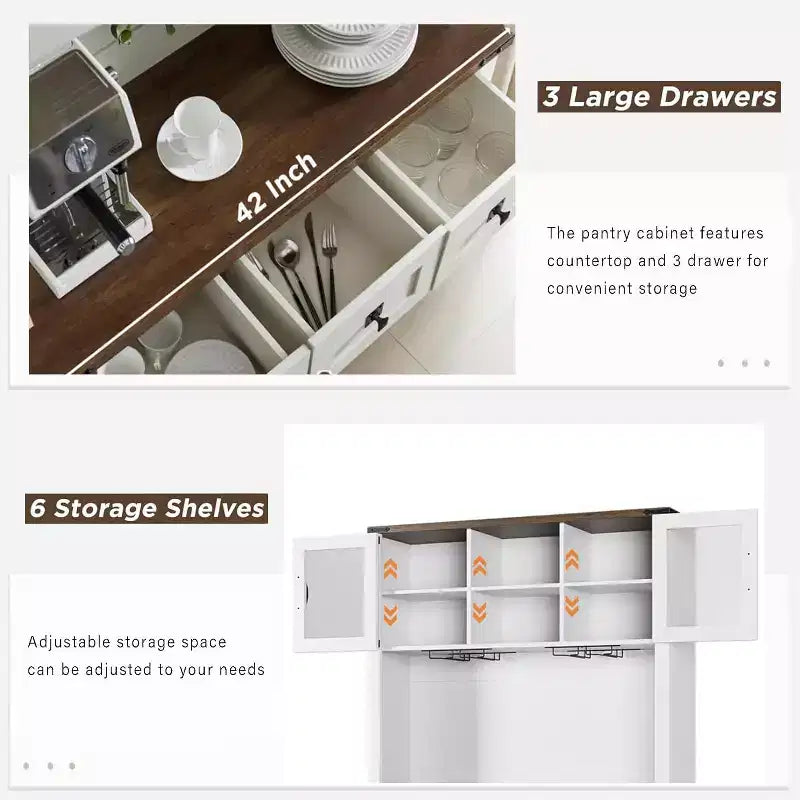 Armoire de cuisine haute Whizmax 72, meuble de rangement de cuisine avec porte coulissante de style grange, buffet avec support pour micro-ondes et 3 tiroirs