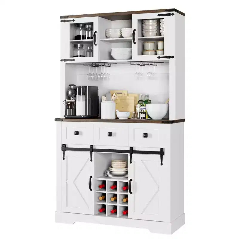 Armoire de cuisine haute Whizmax 72, meuble de rangement de cuisine avec porte coulissante de style grange, buffet avec support pour micro-ondes et 3 tiroirs
