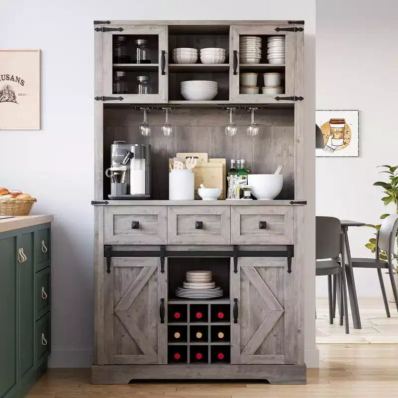 Armoire de cuisine haute Whizmax 72, meuble de rangement de cuisine avec porte coulissante de style grange, buffet avec support pour micro-ondes et 3 tiroirs