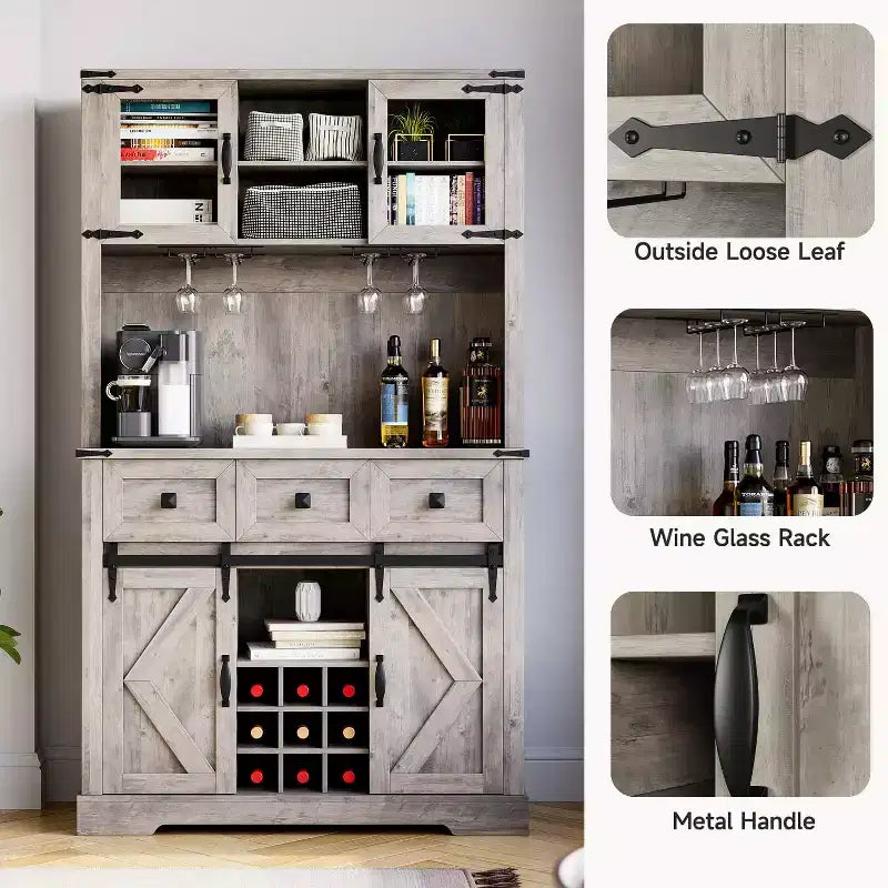 Armoire de cuisine haute Whizmax 72, meuble de rangement de cuisine avec porte coulissante de style grange, buffet avec support pour micro-ondes et 3 tiroirs