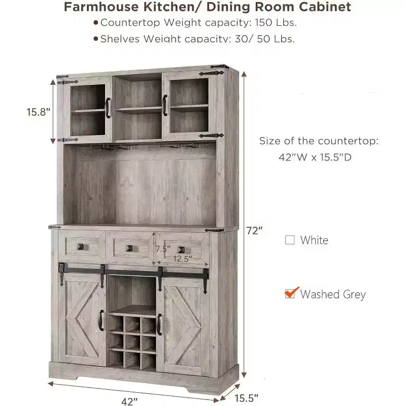 Armoire de cuisine haute Whizmax 72, meuble de rangement de cuisine avec porte coulissante de style grange, buffet avec support pour micro-ondes et 3 tiroirs