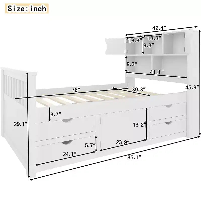 Cadre de lit plateforme capitaine double avec bibliothèques de rangement, étagères, armoire et 4 tiroirs - ModernLuxe
