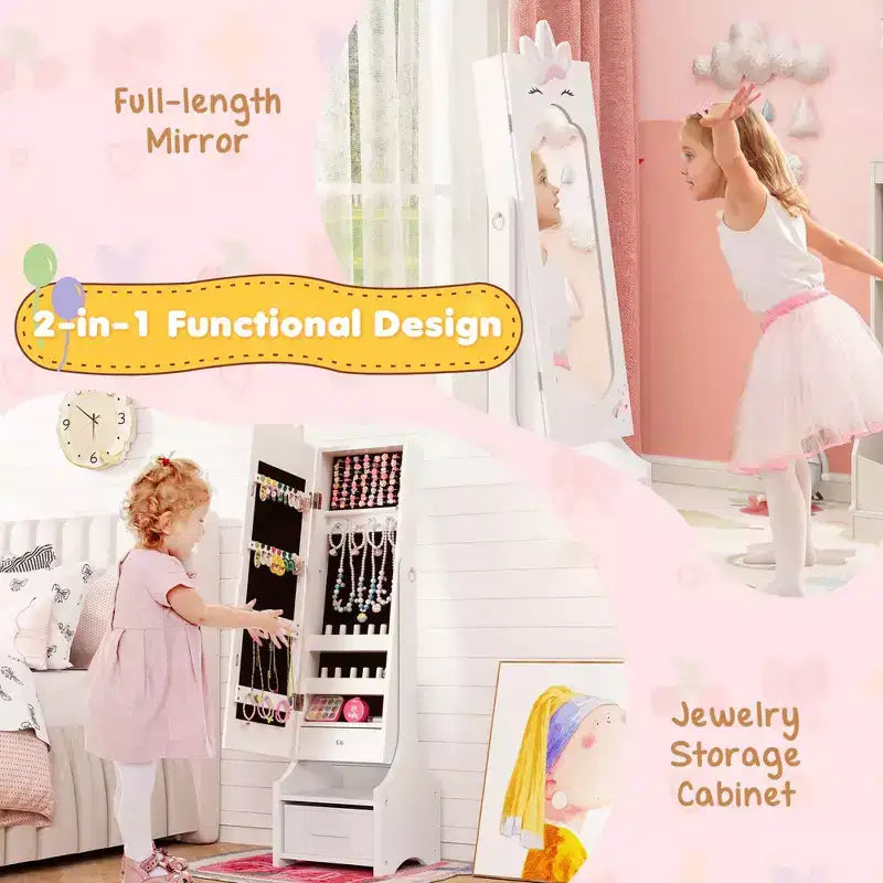 Costway Coiffeuse Enfant Maquillage Princesse Table et Chaise avec Armoire à Bijoux Blanc/Rose