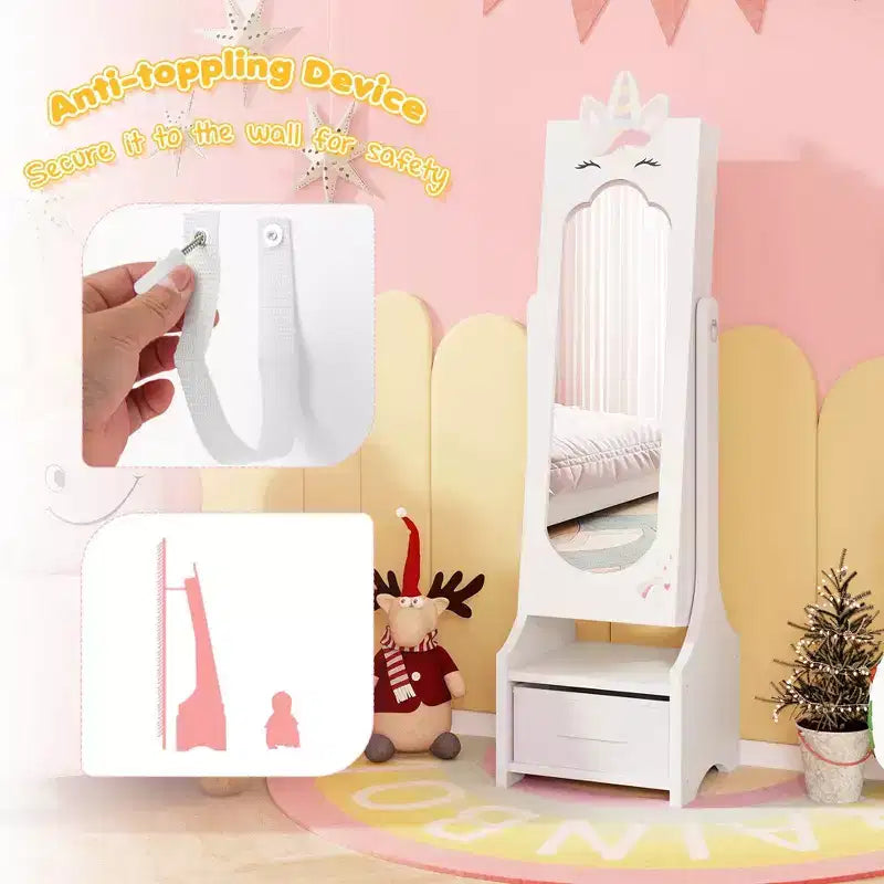 Costway Coiffeuse Enfant Maquillage Princesse Table et Chaise avec Armoire à Bijoux Blanc/Rose