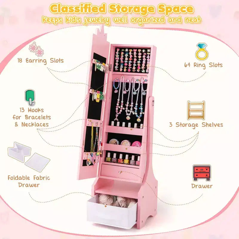 Costway Coiffeuse Enfant Maquillage Princesse Table et Chaise avec Armoire à Bijoux Blanc/Rose