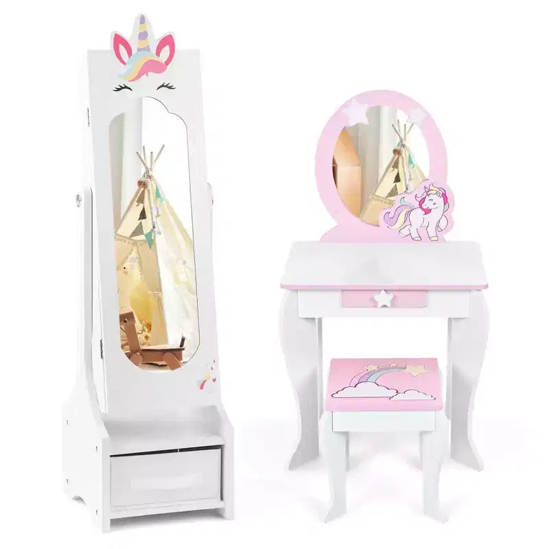 Costway Coiffeuse Enfant Maquillage Princesse Table et Chaise avec Armoire à Bijoux Blanc/Rose