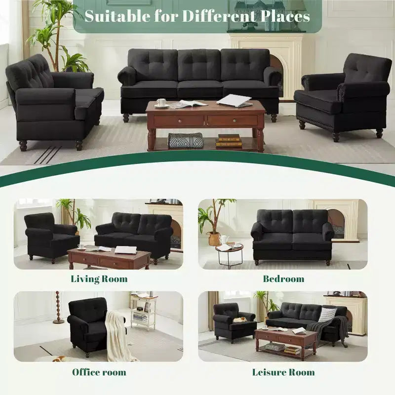 HYLEORY Ensemble de canapé 3 pièces en chenille pour salon avec canapé 3 places, causeuse 2 places, fauteuil simple, canapé rembourré pour salon, bureau