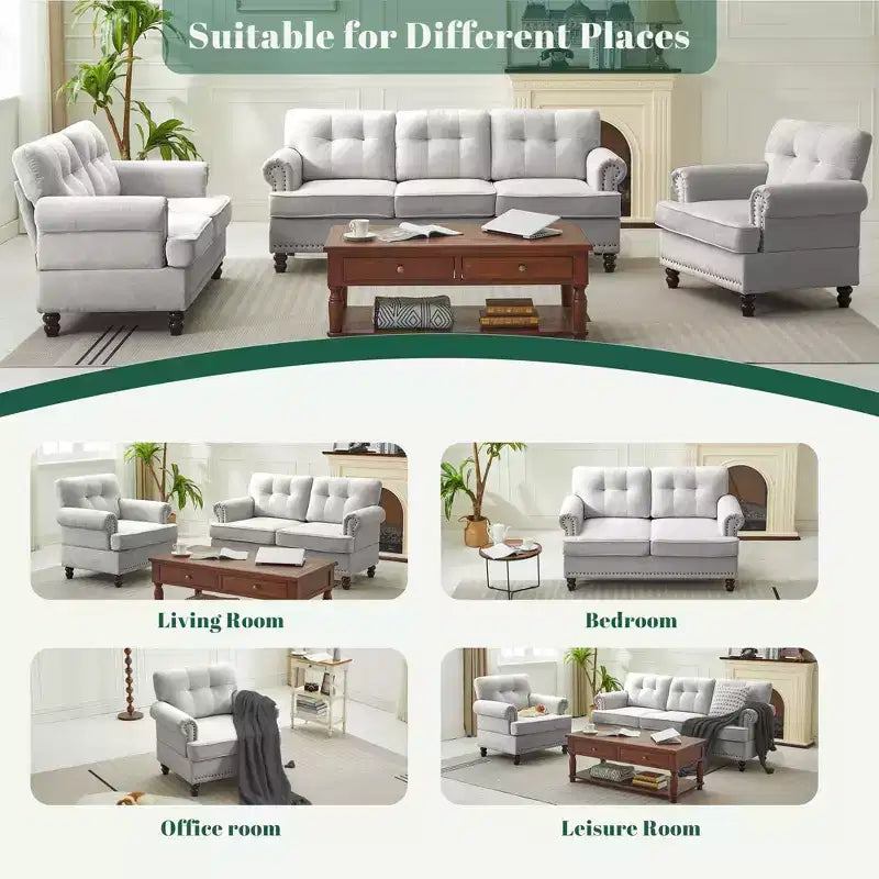 HYLEORY Ensemble de canapé 3 pièces en chenille pour salon avec canapé 3 places, causeuse 2 places, fauteuil simple, canapé rembourré pour salon, bureau