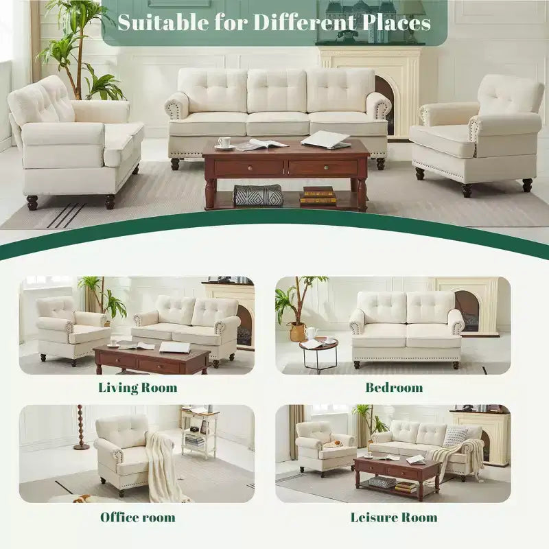 HYLEORY Ensemble de canapé 3 pièces en chenille pour salon avec canapé 3 places, causeuse 2 places, fauteuil simple, canapé rembourré pour salon, bureau