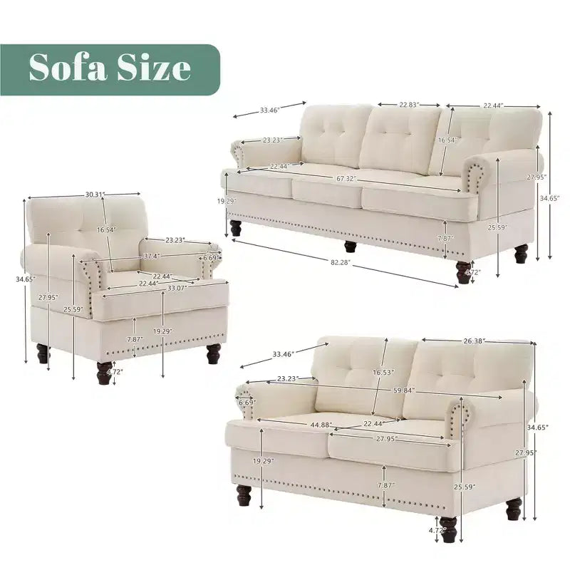 HYLEORY Ensemble de canapé 3 pièces en chenille pour salon avec canapé 3 places, causeuse 2 places, fauteuil simple, canapé rembourré pour salon, bureau