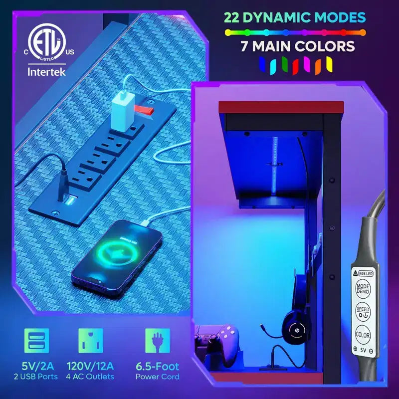 Bureau gaming réversible Bestier 61 avec prise électrique et LED, avec étagères à 4 niveaux