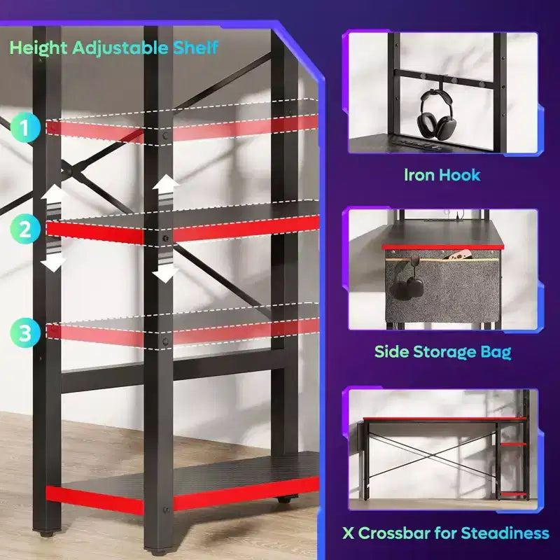Bureau gaming réversible Bestier 61 avec prise électrique et LED, avec étagères à 4 niveaux