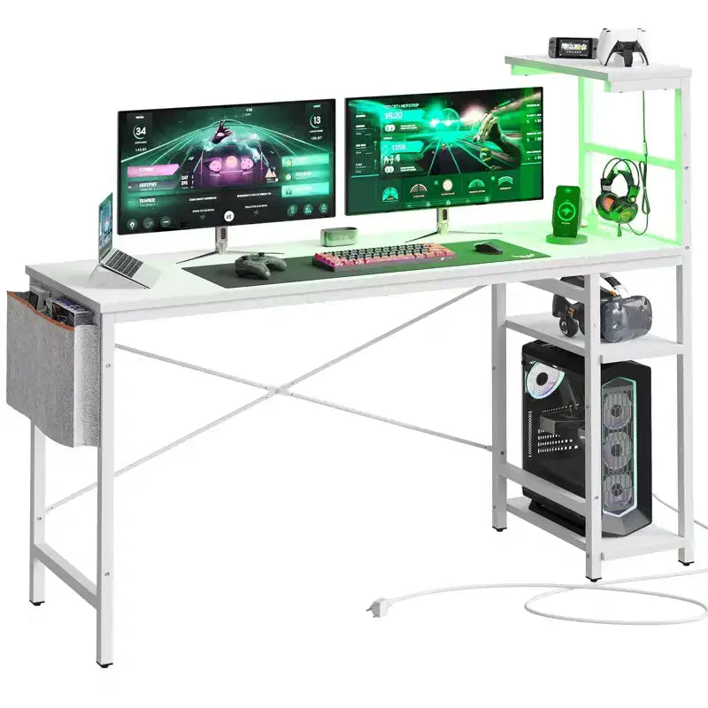 Bureau gaming réversible Bestier 61 avec prise électrique et LED, avec étagères à 4 niveaux