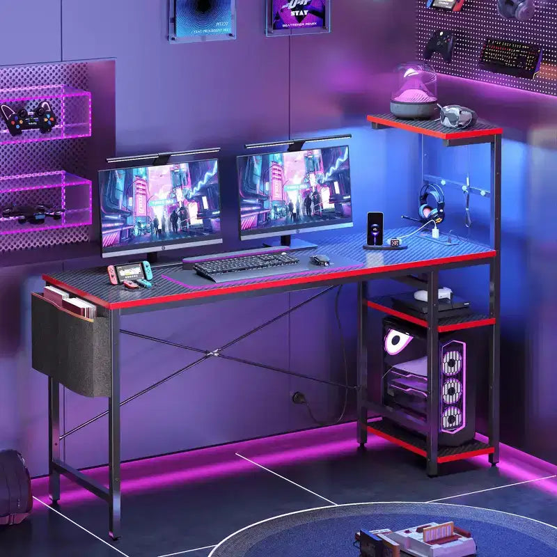 Bureau gaming réversible Bestier 61 avec prise électrique et LED, avec étagères à 4 niveaux
