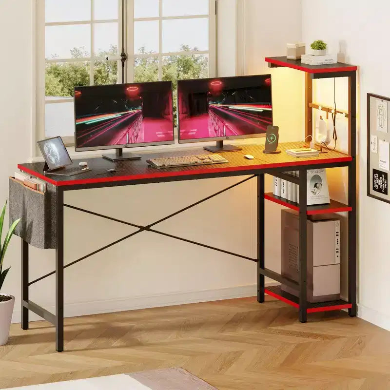 Bureau gaming réversible Bestier 61 avec prise électrique et LED, avec étagères à 4 niveaux