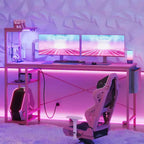 Bureau gaming réversible Bestier 61 avec prise électrique et LED, avec étagères à 4 niveaux