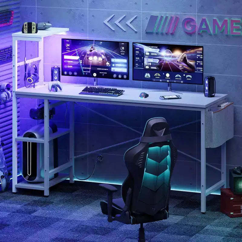 Bureau gaming réversible Bestier 61 avec prise électrique et LED, avec étagères à 4 niveaux