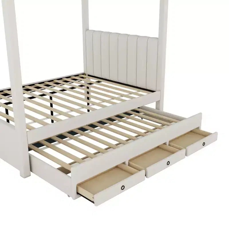 Lit plateforme à baldaquin tapissé Twin/Full avec lit gigogne et 3 tiroirs de rangement-ModernLuxe