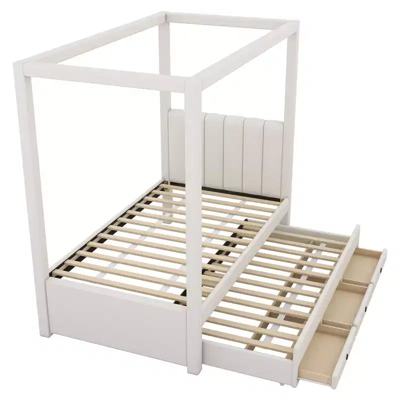 Lit plateforme à baldaquin tapissé Twin/Full avec lit gigogne et 3 tiroirs de rangement-ModernLuxe