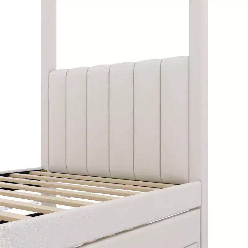Lit plateforme à baldaquin tapissé Twin/Full avec lit gigogne et 3 tiroirs de rangement-ModernLuxe