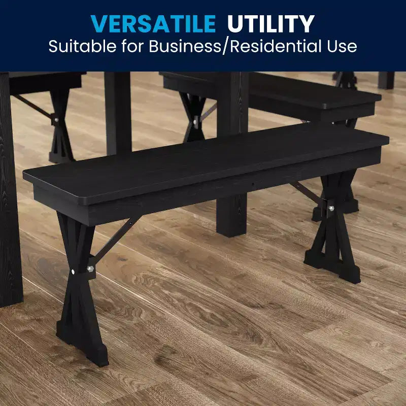 Banc de ferme pliant Flash Furniture HERCULES 40 x 12 en pin massif antique noir délavé de qualité commerciale avec pieds en X verrouillables et pliables