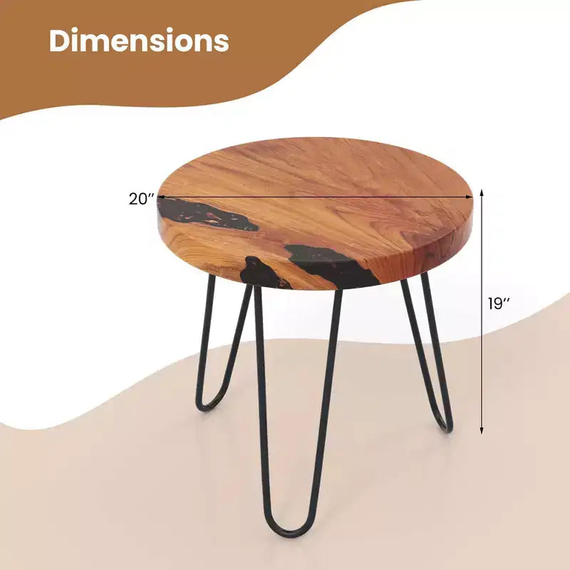 Costway Table d'appoint ronde en bois de teck massif 50,8 cm avec bords naturels et cadre en métal