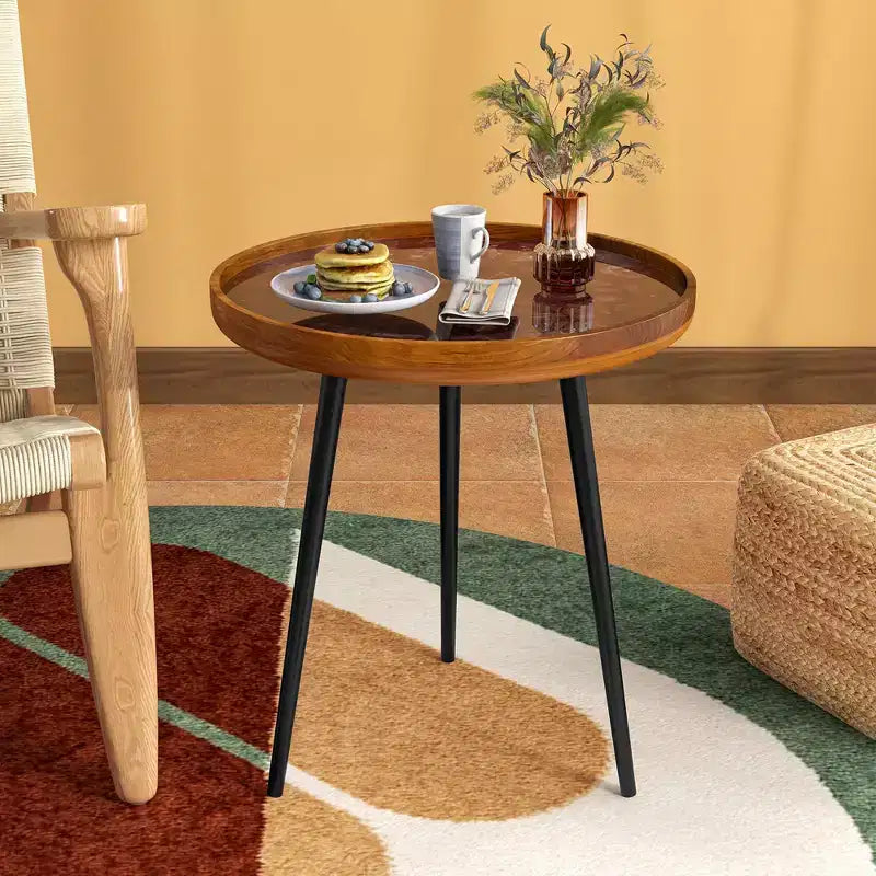 Costway Table d'appoint ronde en bois de teck massif 50,8 cm avec bords naturels et cadre en métal